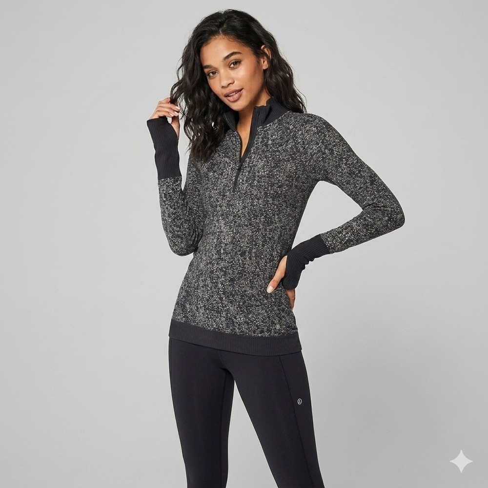 Lululemon Rest Less 1/4 Zip Pullover Black White Space Dye Long Sleeve Mock Neck